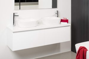 REUBEN 1500 WALL HUNG CABINET WITH FLAT POLYMARBLE TOP AND BEC48 BASINS